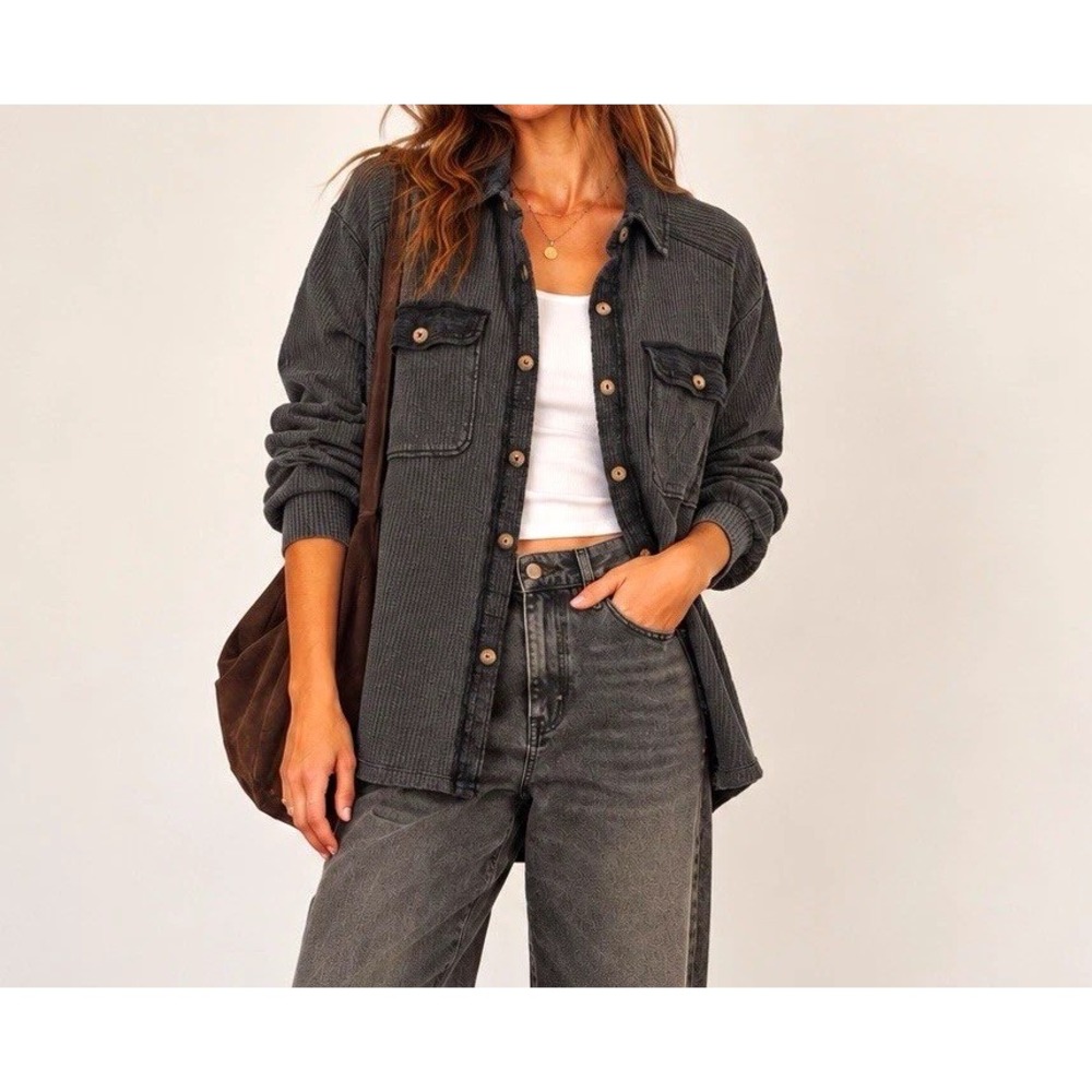 Briggs XXL Charcoal Waffle Knit Oversized Shacket Button Front Utility Shirt